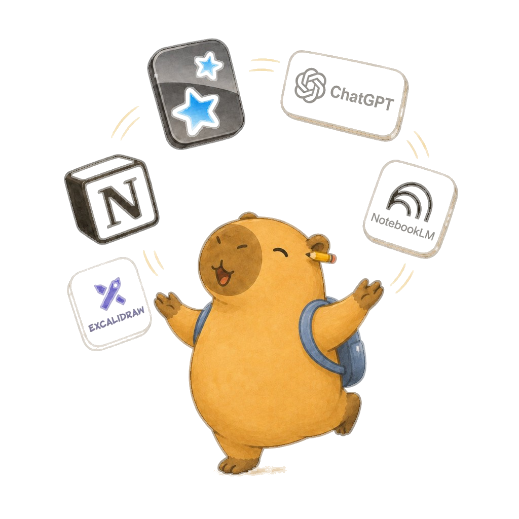 Kapy juggling Notion, ChatGPT, Anki, NotebookLM, and Excalidraw — all your tools, unified